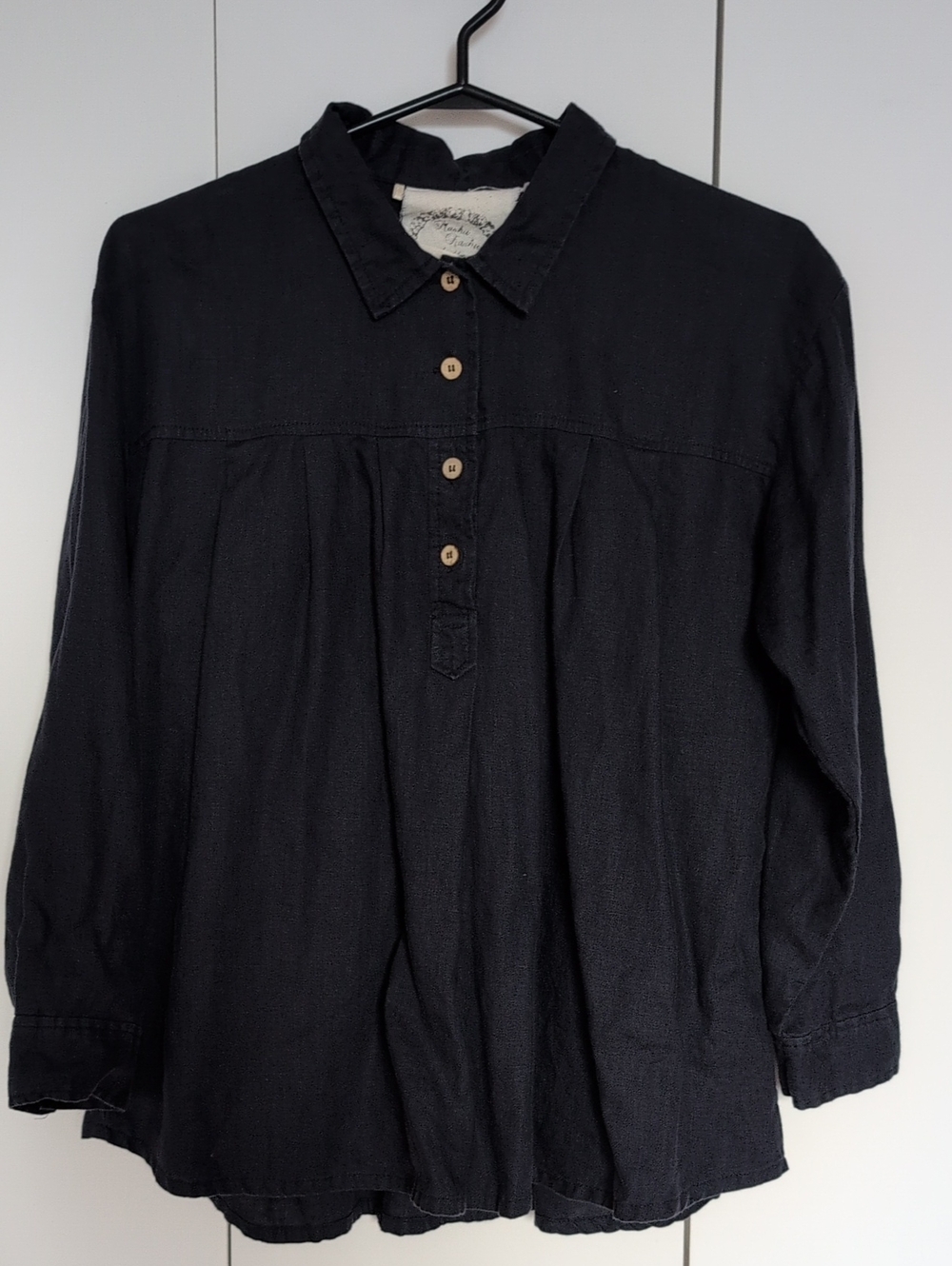 Midnight Navy Button-Front Linen Peasant Blouse